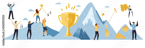 Successful team celebrating victory around large gold trophy and mountain background with climbing and puzzle completion in flat minimalist vector style