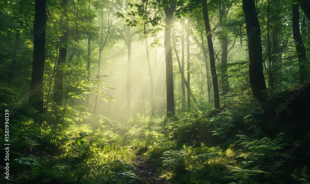 Fototapeta premium Serene forest landscape with sunlight filtering through trees and lush greenery.