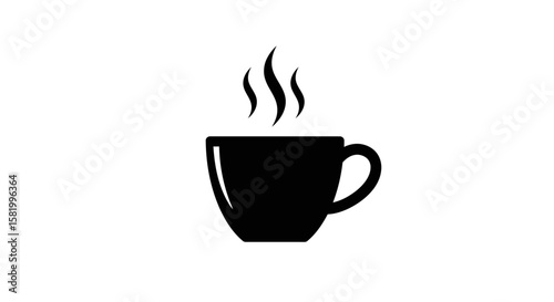 Simple black silhouette of a steaming hot coffee cup.