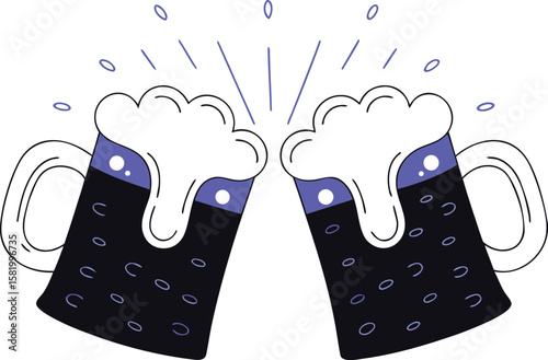 Artistic depiction of frothy beer mugs with dynamic foam splashes in a hand drawn style ideal for beverage branding and pub decor