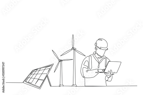 Engineer maintanence turbines wind generator with solar panel in continuous one line drawing. Single line art illustration of eco energy service..