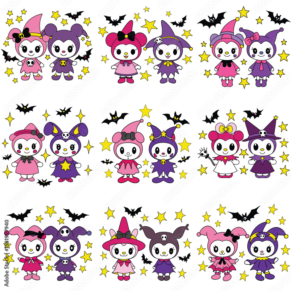 Fototapeta premium Cute kawaii Halloween characters in costumes with bats and stars