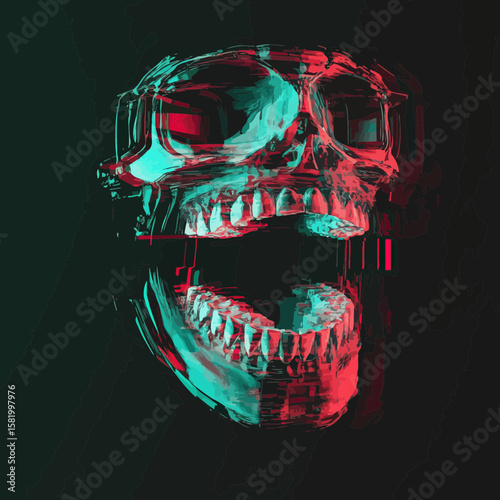 3D glitch effect human skull with stereoscopic red and cyan anaglyph distortion digital art on black background for technology and horror concept design