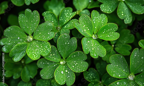 Fresh green clover leaves with water droplets glistening in natural light.