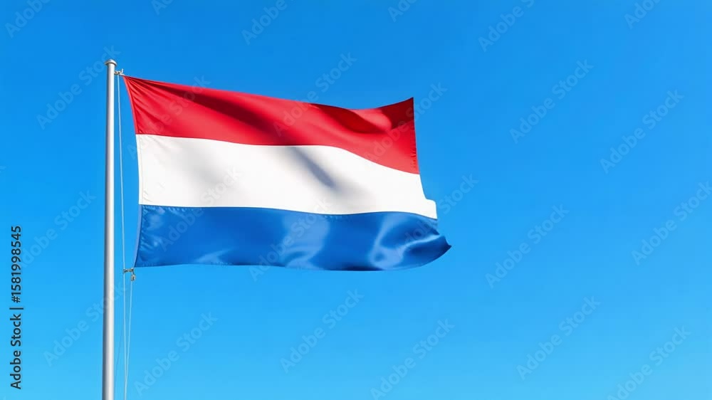 Watch the national flag of the Netherlands waving proudly against a vibrant bright blue sky in stunning four k resolution footage.