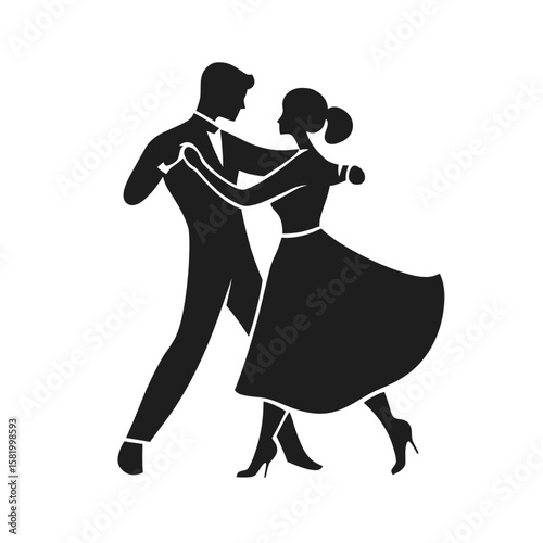 Elegant black silhouette of ballroom dance couple in formal attire dancing waltz or tango vector icon isolated on white background minimalist style illustration