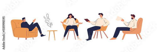 Group business meeting with diverse colleagues discussing ideas sitting in armchairs around small table in modern office environment flat vector illustration