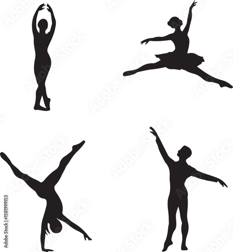 Ballet dancers in various poses silhouette black