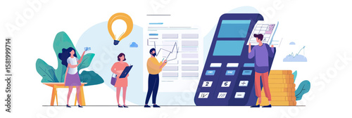 People calculating household expenses with large calculator and bills for managing home finances and utilities payment concept in flat vector style illustration
