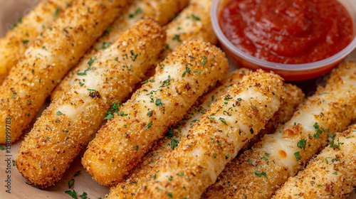 Golden mozzarella cheese sticks with crispy breadcrumb coating served with marinara sauce. Fast food appetizer garnished with fresh parsley herbs on wooden surface.