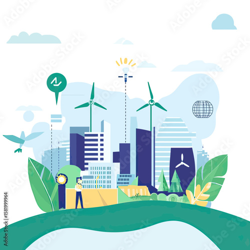 Sustainable city skyline with wind turbines green energy eco friendly buildings corporate governance environmental technology concept vector illustration