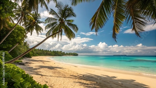 Idyllic tropical beach with turquoise water and palm trees casting shadows on golden sand ocean