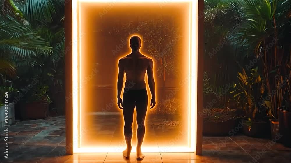 Silhouette of a muscular man standing in a glowing orange rectangular frame, set against a dark background with lush green foliage.  The scene is dramatic and mysterious, with warm ambient lighting