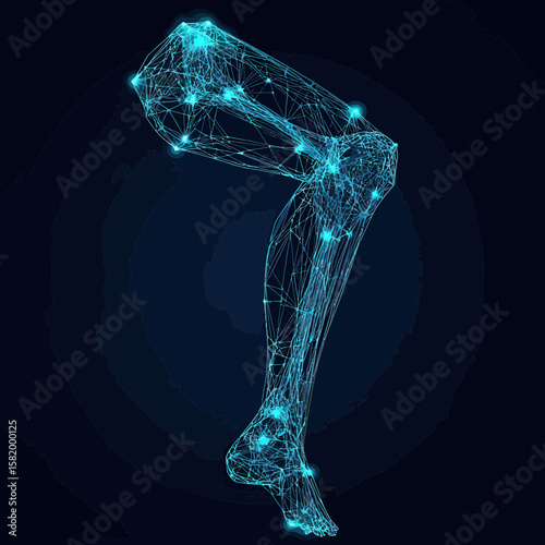 Low poly wireframe human leg and knee joint 3D mesh illustration with connected dots glowing on dark background for medical and orthopedic concept