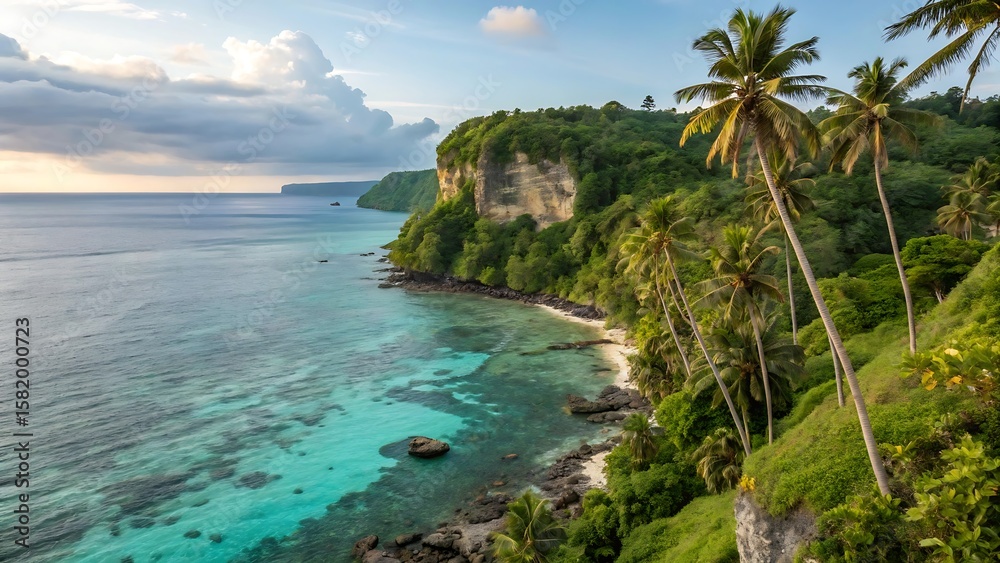 Fototapeta premium Lush green tropical island coastline with turquoise water and palm trees under a cloudy sky lush green cliffs