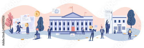 Government financial support distribution illustration with diverse people receiving grants, subsidies, money transactions in front of federal building facade, flat design vector