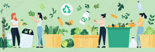 Women sorting plastic bottles for recycling among green plants and fresh vegetables in sustainable environmental care concept flat vector illustration