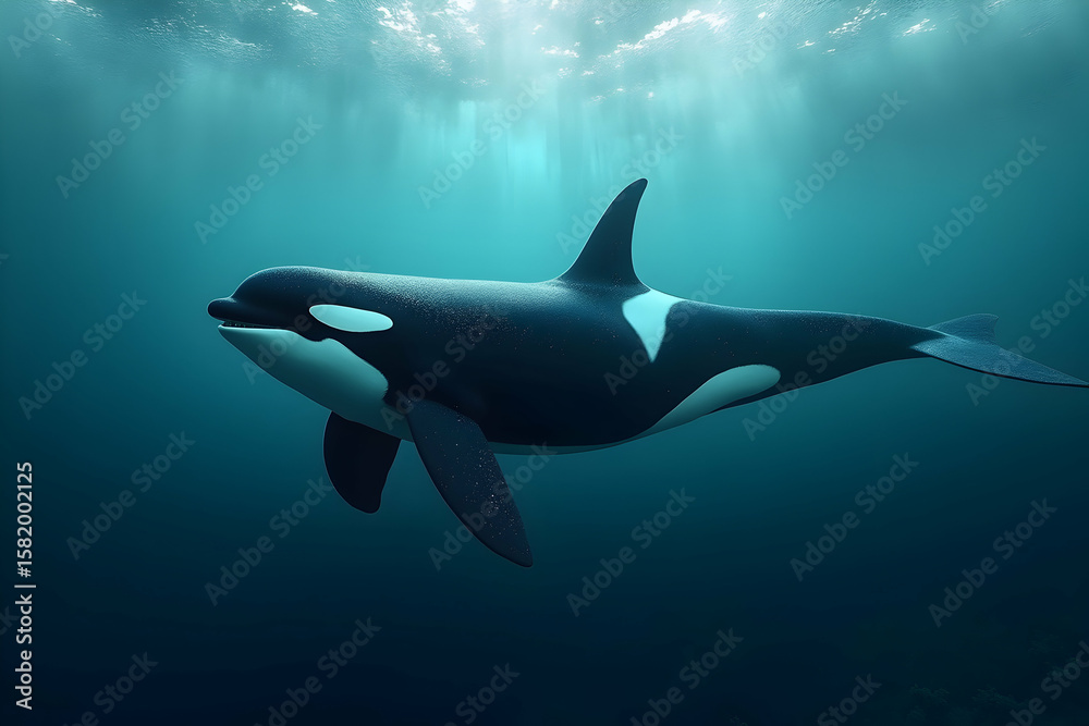 Fototapeta premium Majestic Orca Whale Gracefully Gliding Through Tranquil Ocean Depths in a Stunning Aquatic Display