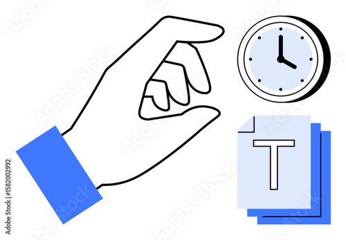 Minimalist hand icon interacting with stacked text files, accompanied by a clock. Ideal for time management, productivity, organization, digital workflow, task scheduling, planning, simple landing