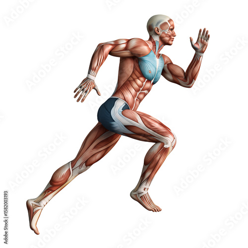 Side view of a runner with detailed muscle movement, isolated on white