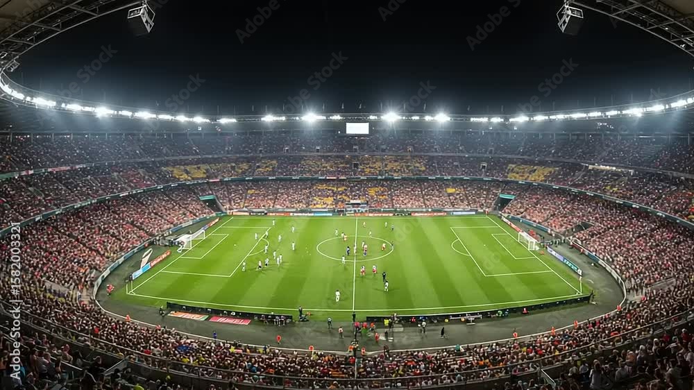 Exciting soccer match in a packed stadium at night