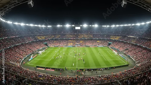 Exciting soccer match in a packed stadium at night