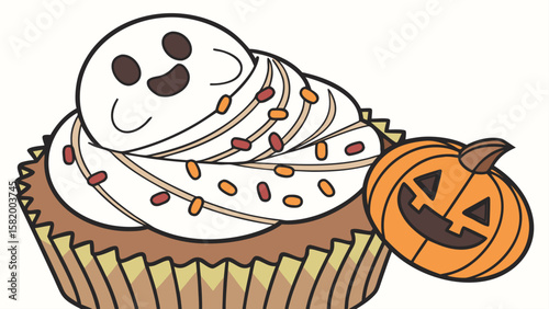 A halloween cupcake with a ghost shaped topping and a pumpkin on a white background design