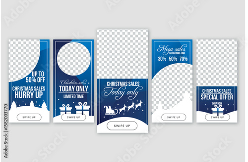 Editable Christmas sale Instagram story templates with blue winter theme, discount offers, gift icons, and photo placeholders. Ideal for festive promotions.

