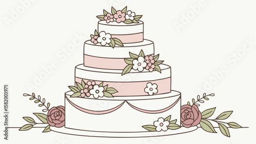 Illustration of a four tiered wedding cake decorated with pink flowers and green leaves design element