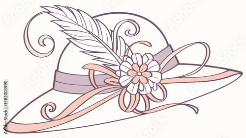 Illustration of a fancy hat with a feather and a flower with ribbons in pastel colors style design