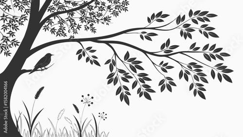 Silhouette illustration of a bird perched on a tree branch with grass and flowers below it nicely done