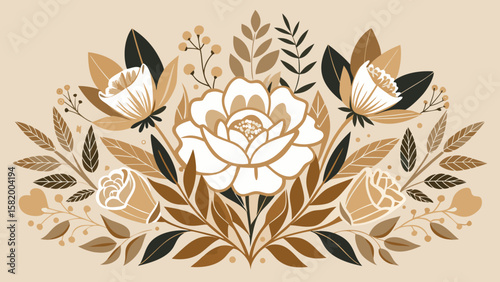 Floral arrangement featuring a large white flower surrounded by brown and black leaves and buds design
