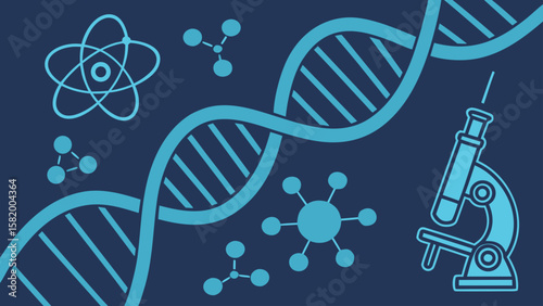 Illustration of dna strand atom molecules and microscope representing science and research fields