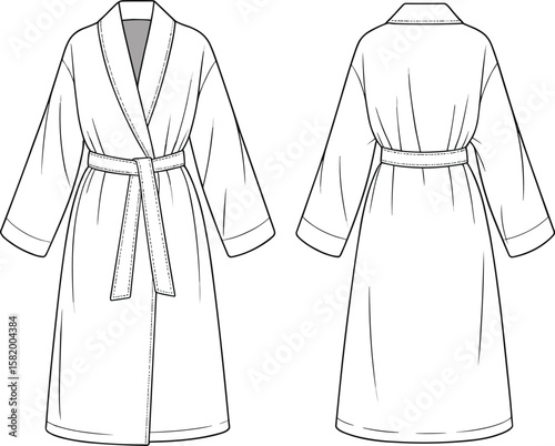 Bathrobe fashion sketch, robe technical drawing, clothing flat sketch, garment illustration, fashion template, bathrobe front and back view.