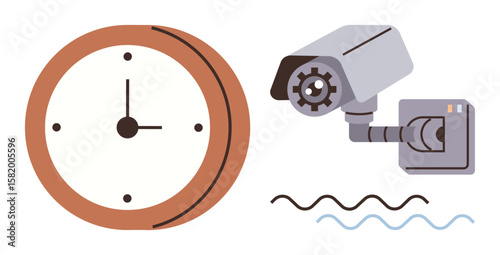 Wall clock displaying time paired with a CCTV camera emitting signals. Ideal for surveillance, time management, productivity, security systems, workplace monitoring, punctuality, simple flat metaphor