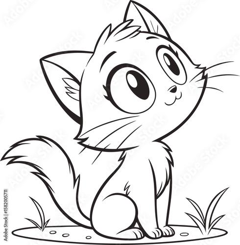 Adorable Cartoon Kitten Sitting on the Ground Gazing Upwards with a Sweet Expression in Black and White Outline