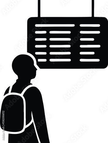 Silhouette traveler looking at information board at the station Vector Illustrator