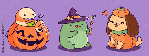 Cute kawaii Halloween animal characters - snake in jack o lantern basket with candy, green frog in witch hat, happy dog wearing pumpkin costume. Adorable spooky pets for October celebration design.
