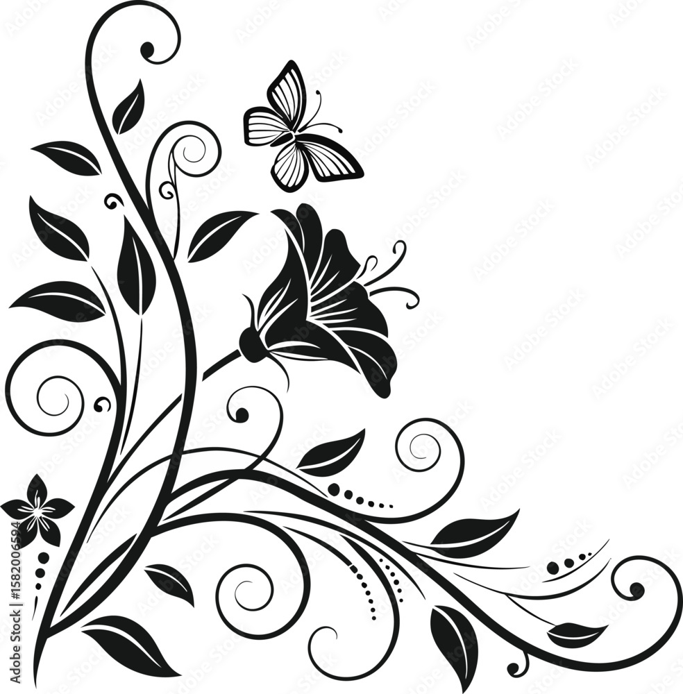 Fototapeta premium Elegant Floral Corner Design with Butterfly Graceful Swirls and Decorative Leaves for Invitations and Artistic Projects Flourishing Vector Illustration