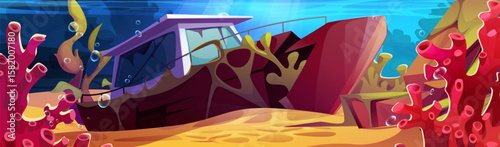 Cartoon underwater shipwreck scene - sunken boat on sandy seabed with tropical vibrant coral formations and weeds. Ocean depth with bubbles, colorful marine plants for adventure game environments.