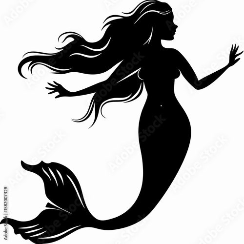 Mermaid Silhouette Vector with Long Flowing Hair for Fantasy Sea Art