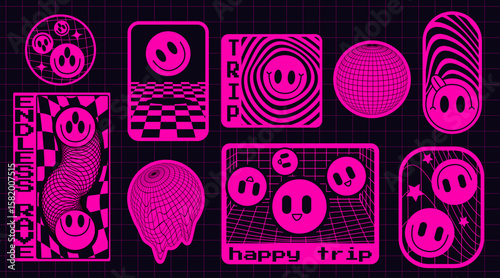 Hot pink rave sticker pack with smiling faces - circular globe design, checkered card, trippy vortex badge, groovy twisted mesh teardrops, happy trip box with emoticons for party and techno events.