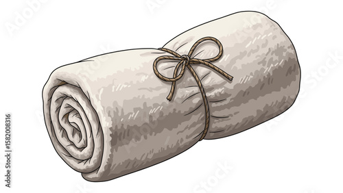 Rolled soft towel tied with rustic twine for spa treatment and comfort concept