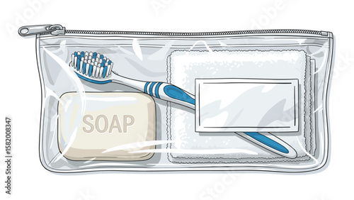 Transparent Travel Toiletry Bag with Soap Toothbrush and Washcloth Illustration for Creative