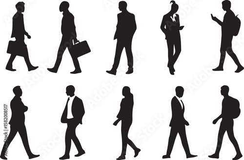 Business people walking and using phones silhouettes