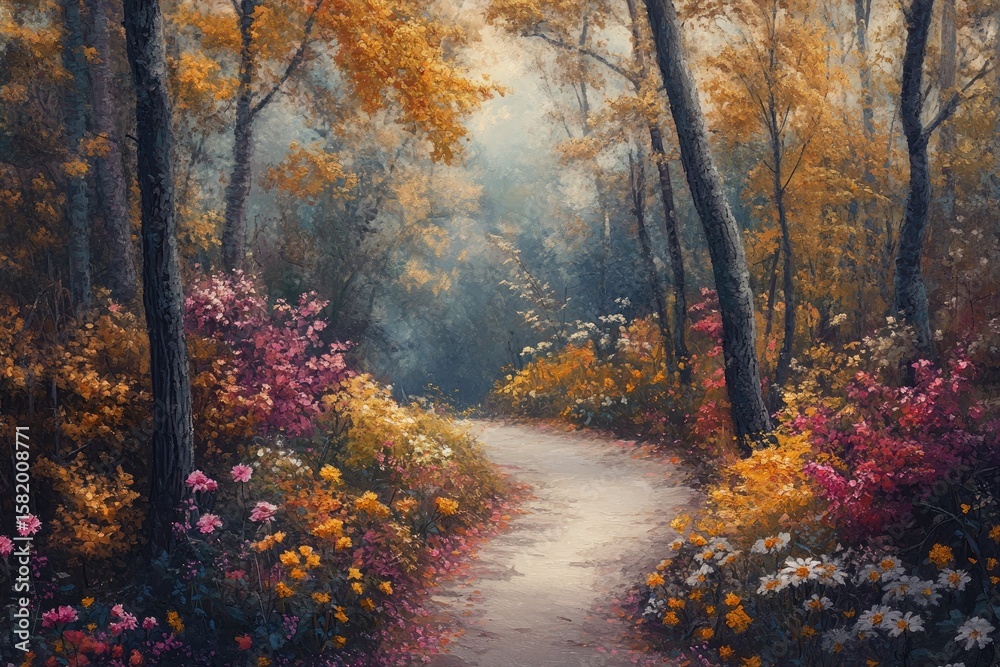 Fototapeta premium Autumnal forest path bathed in soft light. Lush floral display