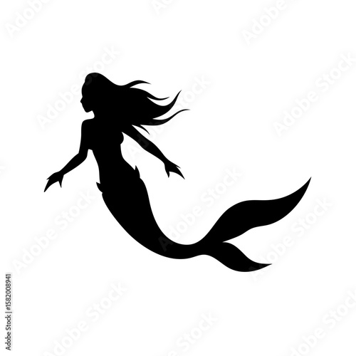 Mermaid Silhouette Vector Illustration with Flowing Hair and Curved Tail