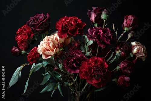 Wallpaper Mural Dark, moody bouquet of red, burgundy, and peach carnations and roses in a clear vase against a black background Torontodigital.ca