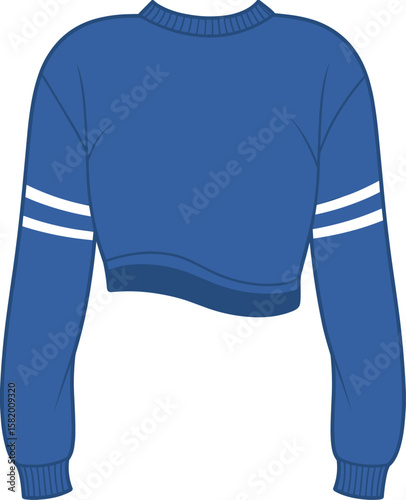 Blue cropped sweatshirt, long sleeve top, back view apparel design, sporty fashion mockup, casual women's wear, trendy clothing vector