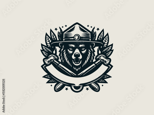 Vintage badge-style forest ranger mascot vector logo for wildlife protection agencies